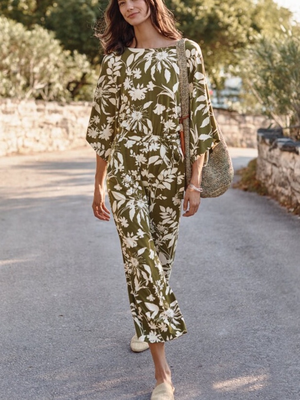 Garnet Hill NWT Prato Knit Floral Olive Green Jumpsuit Sz Large